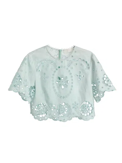 Zimmermann Cropped Linen Top With Scalloped Embroidery In Blue