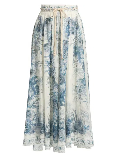 Zimmermann Wanderlust Belted Pleated Printed Cotton Maxi Skirt In Blue