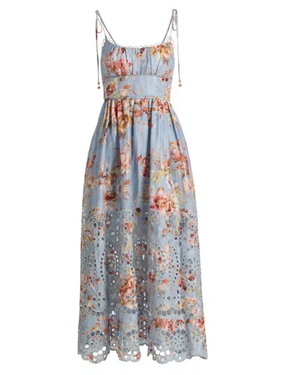 Zimmermann Womens Chambray Floral Awaken Picnic Floral Linen Midi Dress Xxs In Blue