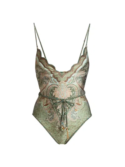 Zimmermann Wanderlust Belted Embellished Scalloped Printed Swimsuit In Green