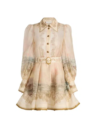 Zimmermann Womens Sunset Rebellion Marine Puffed-sleeves Linen And Silk Mini Dress Xs In Neutral