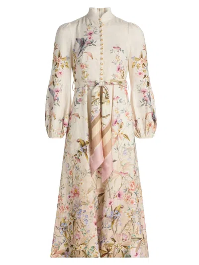 Zimmermann Rebellion Multicolor Midi Dress With Bow Detail On The Front And All-over Floral Print In Linen Woma