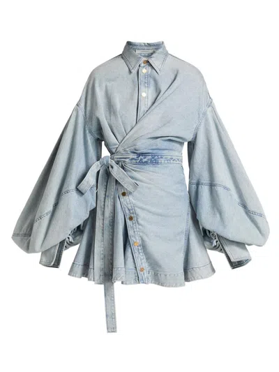 Zimmermann Rebellion Gathered Denim Mini Wrap Dress In Blue