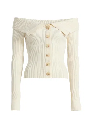 Zimmermann Off-the-shoulder Cotton-trimmed Ribbed-knit Cardigan In Neutral