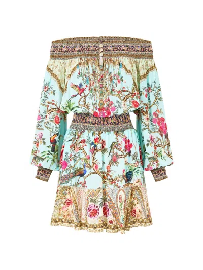 Camilla Sultans And Quees Silk Off-the-shoulder Mini Dress In Multi