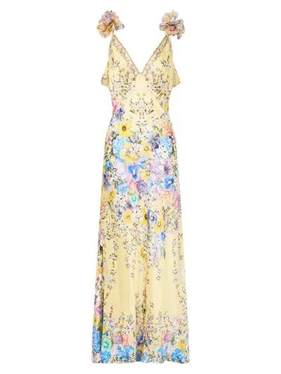 Camilla Embellished Floral Ruffled Silk Satin Maxi Dress In Yellow