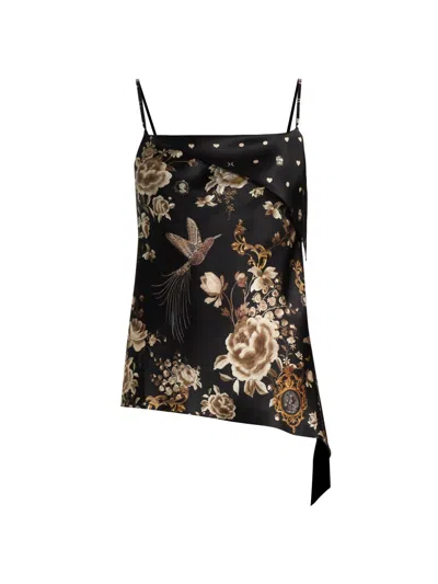 Camilla Asymmetric Draped Embellished Embroidered Printed Silk-satin Top In Black