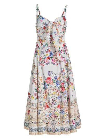 Camilla Ballerina Tie-detailed Cutout Ruched Floral-print Cotton-blend Midi Dress In Multi