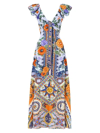 Camilla Tie Front Frill Sleeve Long Dress Luscious In Lisbon In Multi |  ModeSens