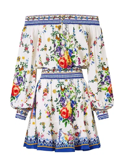 Camilla Off Shoulder Short Dress In Tiles Darls In White