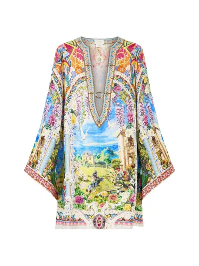Camilla Deep V Neck Hardware Short Kaftan In Multi