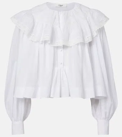 Chloé Milk Cotton Voile And Lace Ruffled Cropped Top In White