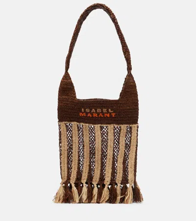 Isabel Marant Handwoven Raffia Tote Bag With Fringe And Logo Detail In Brown