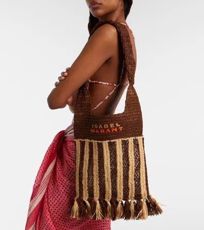 Isabel Marant Handwoven Raffia Tote Bag With Fringe And Logo Detail In Brown