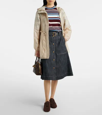 Moncler Weteau Ruched-trim Hooded Mid-length Jacket In Neutral