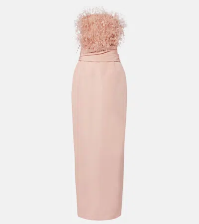 Oscar De La Renta Feather-trimmed Silk Faille Bustier Gown In Pink