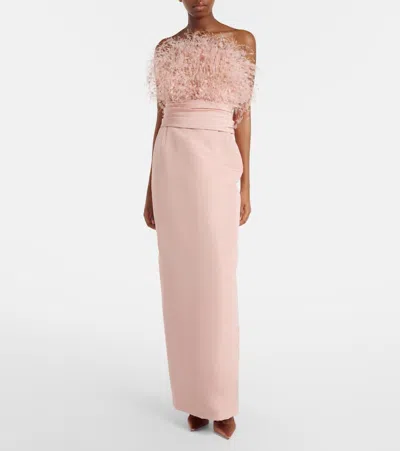 Oscar De La Renta Feather-trimmed Silk Faille Bustier Gown In Pink