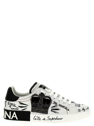 Dolce & Gabbana White Low Top Sneakers With Logo Patch On The Tongue And All-over Print In Leather Man In White