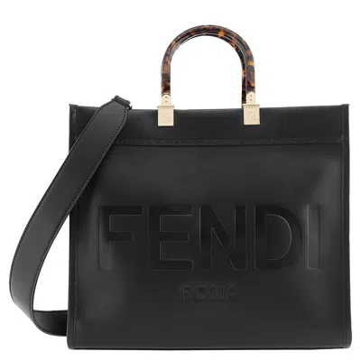 Fendi Black Leather Medium Sunshine Shopper Tote Bag In Black