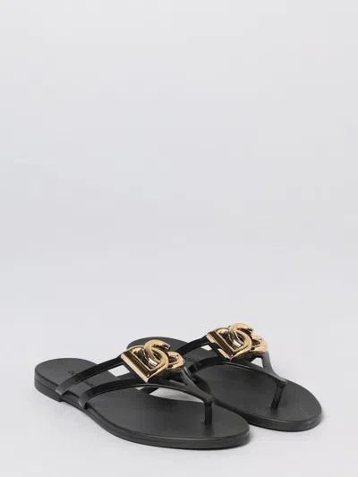 Dolce & Gabbana Black Thong Sandals With Logo Plaque On The Front In Rubber Woman