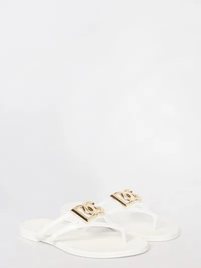Dolce & Gabbana White Thong Sandals With Logo Plaque On The Front In Rubber Woman In Multi