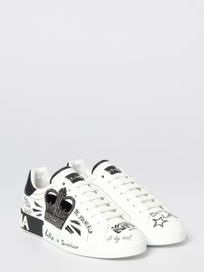 Dolce & Gabbana White Low Top Sneakers With Logo Patch On The Tongue And All-over Print In Leather Man In Multi