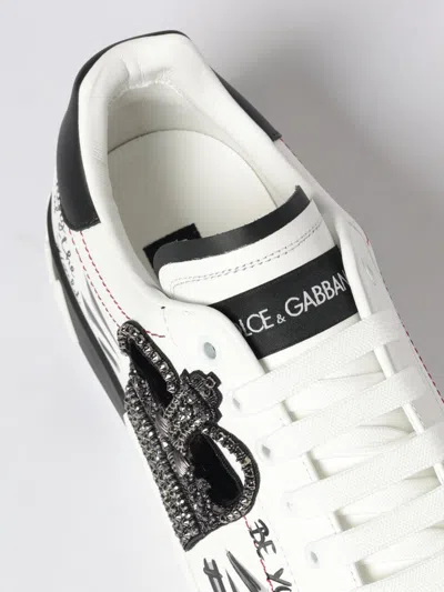 Dolce & Gabbana White Low Top Sneakers With Logo Patch On The Tongue And All-over Print In Leather Man In Multi