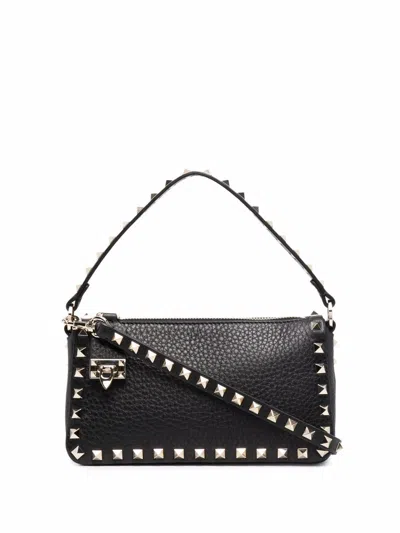 Valentino Rockstud Small Black Grainy Leather Crossbody Bag In Black