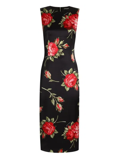 Dolce & Gabbana Women Black Dress With All-over Floral Print In Silk Woman In Multi