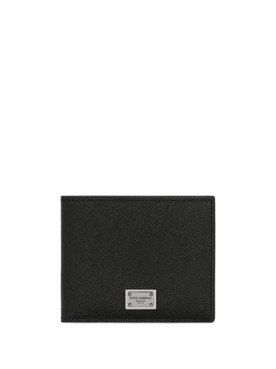 Dolce & Gabbana Black Dauphine Leather Wallet With Logo Plaque In Black