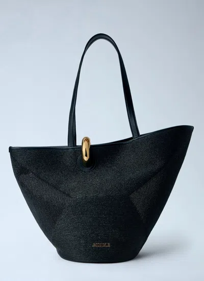 Jacquemus Large Tote Bag Gold Tone Hardware Top Handles In Black