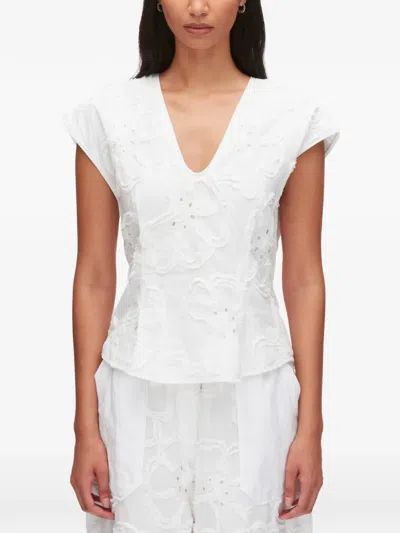 3.1 Phillip Lim 3d Flower Embroidered Cap Sleeve Top In White