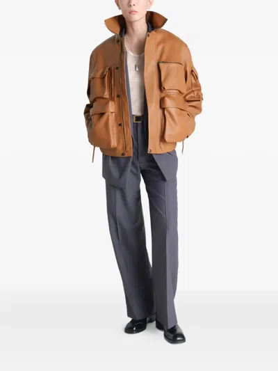 Lemaire Multipocket Leather Jacket In Brown