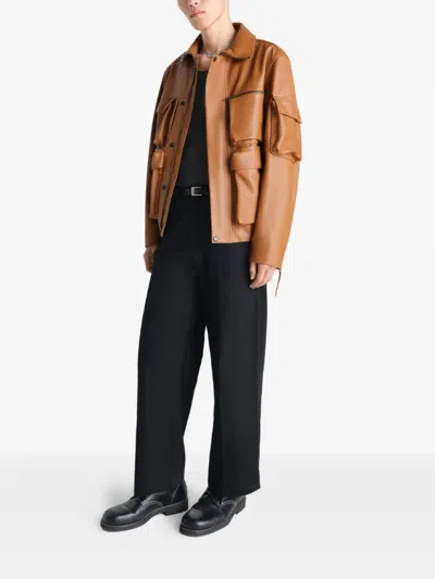 Lemaire Multipocket Leather Jacket In Brown