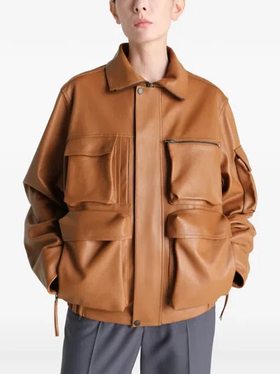 Lemaire Multipocket Leather Jacket In Brown