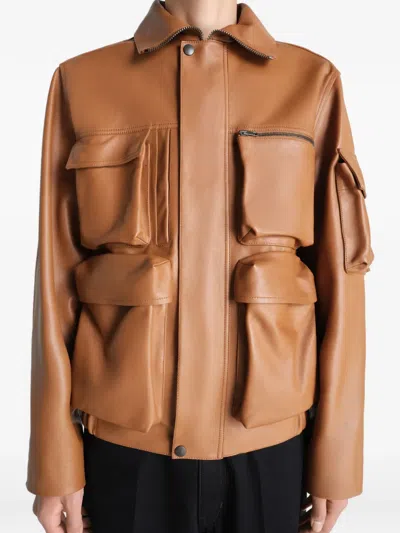 Lemaire Multipocket Leather Jacket In Brown