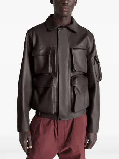 Lemaire Multi-pocket Leather Jacket In Brown