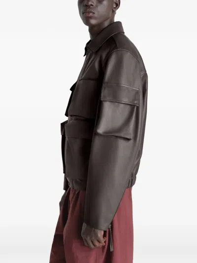 Lemaire Multi-pocket Leather Jacket In Brown