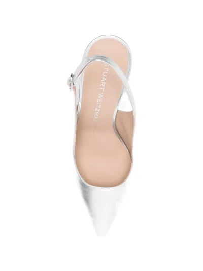 Stuart Weitzman 75mm Stuart Power Metallic Leather Slingback Pumps In Silver