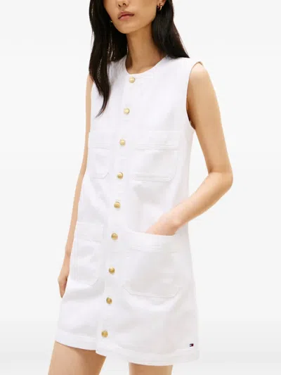 Tommy Hilfiger Patch Pocket Denim Shift Mini Dress In White