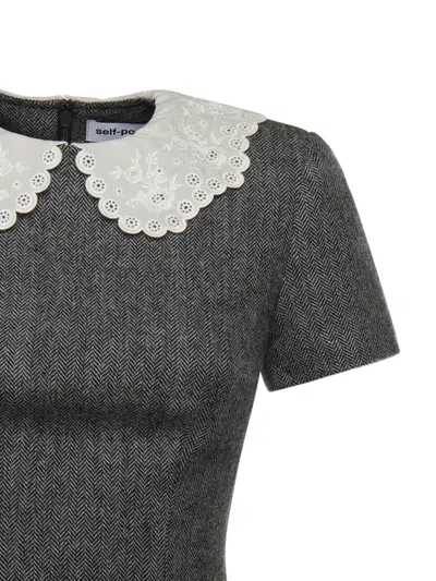 Self-portrait Grey Herringbone Collared Mini Dress Dresses Grey In Gray