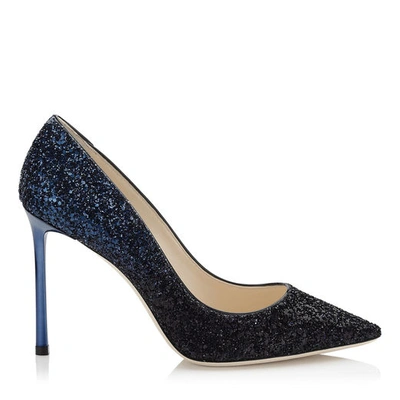 Jimmy Choo Romy 100 Black And Navy Coarse Glitter Dégradé Pointy Toe Pumps In Black/navy