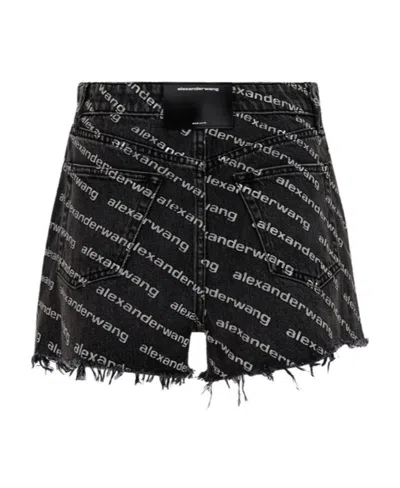 Alexander Wang Omens Grey Aged White Logo-print Bite Denim Shorts In Black