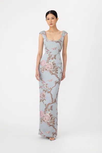 Sau Lee Brooke Brocade Gown In Blue