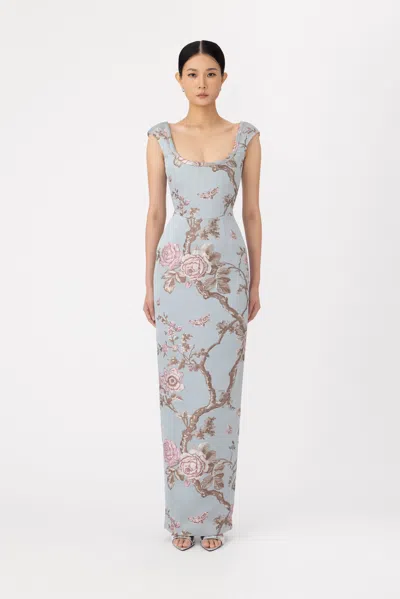 Sau Lee Brooke Brocade Gown In Blue