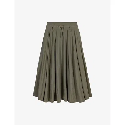 Maje Womens Khaki Pleated Belted-waist Cotton-blend Maxi Skirt In Green