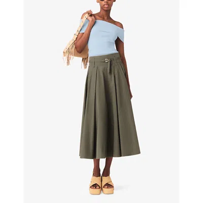 Maje Womens Khaki Pleated Belted-waist Cotton-blend Maxi Skirt In Green