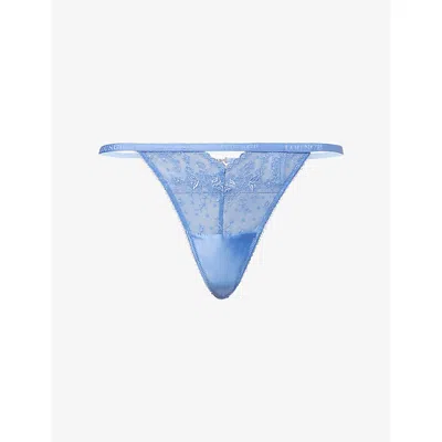 Lounge Womens Cornflower Blue Flirt Logo-plaque Lace Thong