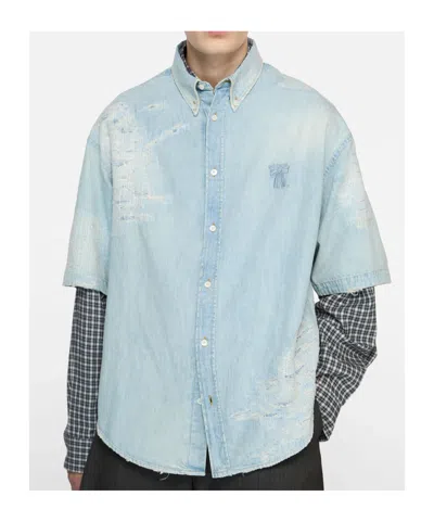 Acne Studios Distressed Embroidered Shirt In Blue