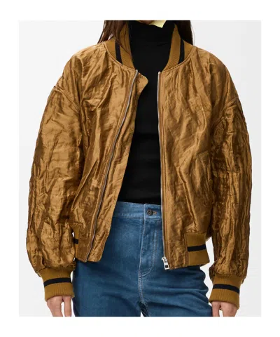 Loewe Womens Toffee Crinkled-texture Striped-trim Woven Bomber Jacket In Neutral
